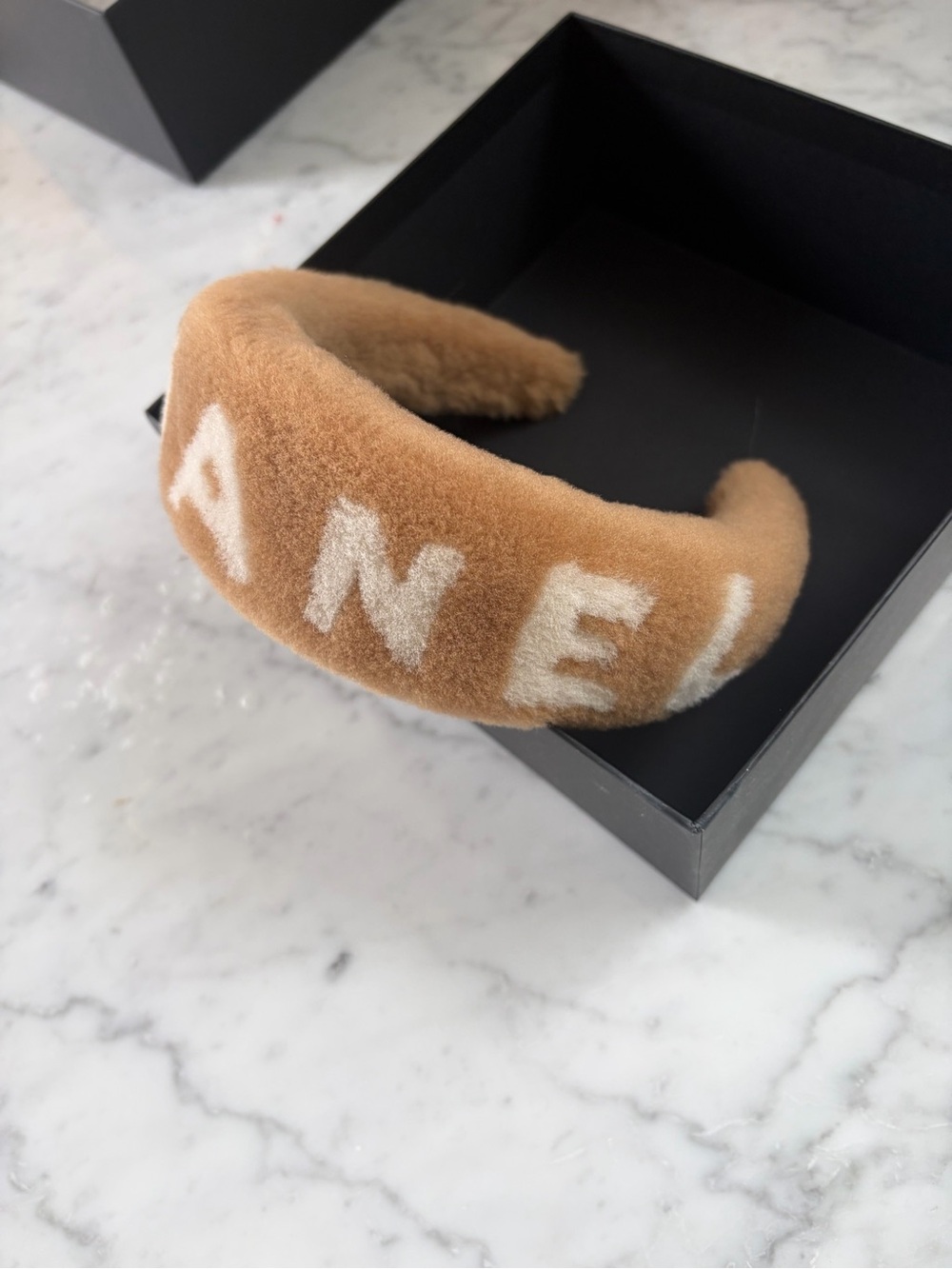 CHANEL Caramel 100% Shearling Headband with White Lettering - Picture 2 of 5